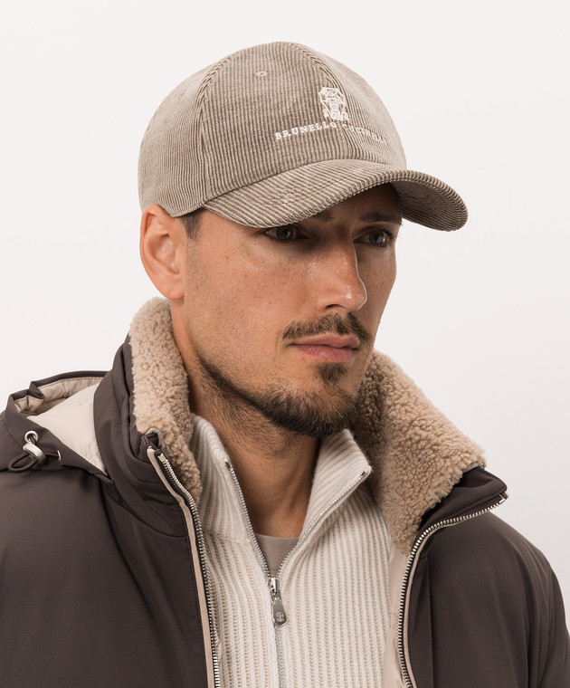 Brunello Cucinelli Бежева вельветова кепка з вишивкою логотипа MY4999850 зображення 2