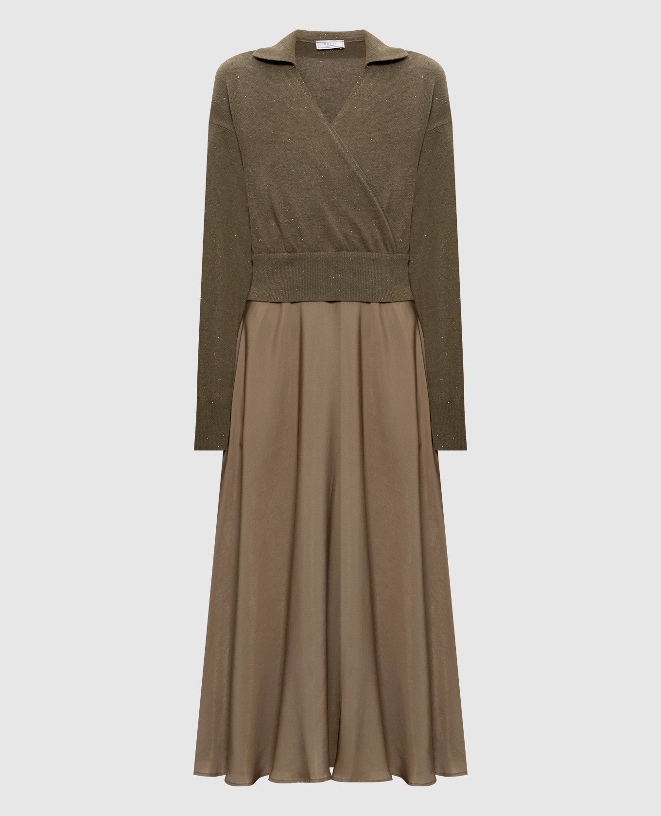 Платье миди цвета хаки с шерстью и шелком двойной конструкции