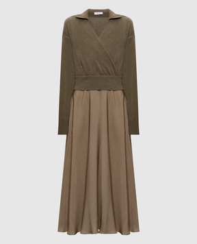 Peserico Платье миди цвета хаки с шерстью и шелком двойной конструкции S82127F129095D
