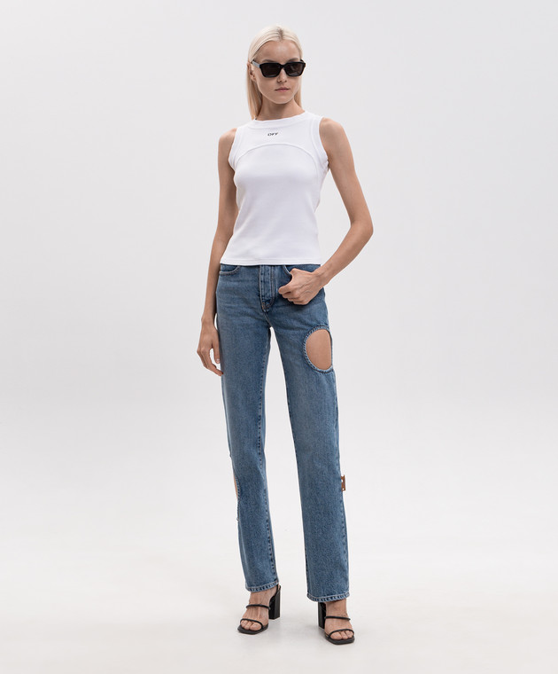 Off-White Белый топ в рубчике с вышивкой логотипа 2FA00673T изображение 2