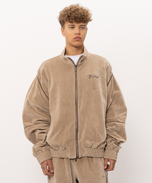 Off-White Бежевая бархатная спортивная куртка с вышивкой логотипа 44MBD05SF26J001 изображение 3