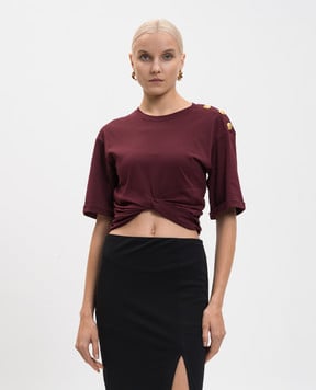 Balmain Бордова укорочена футболка з драпіруванням FF0EE012GF23