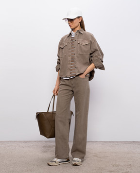 Brunello Cucinelli Коричнева футболка в смужку з кишенями MQ984ES810