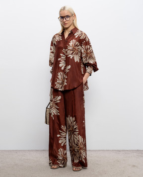 Brunello Cucinelli Коричнева блуза із шовку в принт MQ967RH206