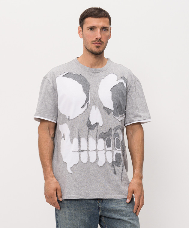 Alexander McQueen Серая меланжевая футболка с аппликацией 873647QXAA8 изображение 3