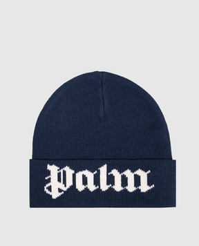 Palm Angels Дитяча синя шапка з візерунком логотипа F6PAJBHT227