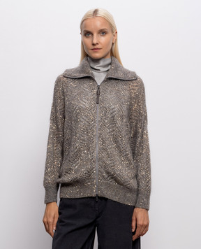Brunello Cucinelli Сірий ажурний кардиган з вовною в паєтки MRG562516