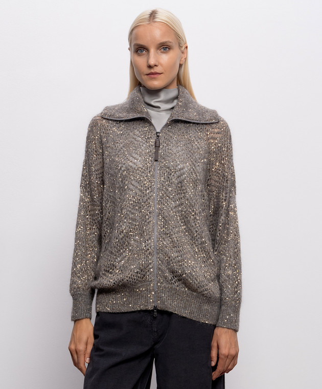 Brunello Cucinelli Серый ажурный кардиган с шерстью в пайетке MRG562516 изображение 3
