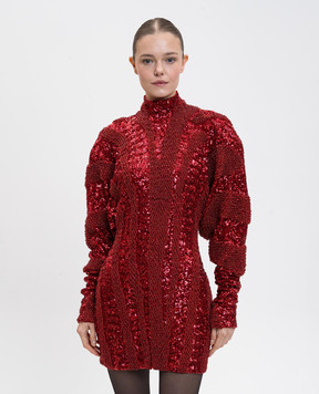 Balmain Красное платье мини с бисером и пайетками FF0R9377PD22