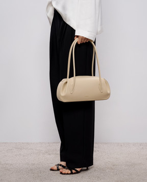 YUZEFI Бежева шкіряна сумка-багет OYSTER з логотипом OYSTERSHOULDERBAG