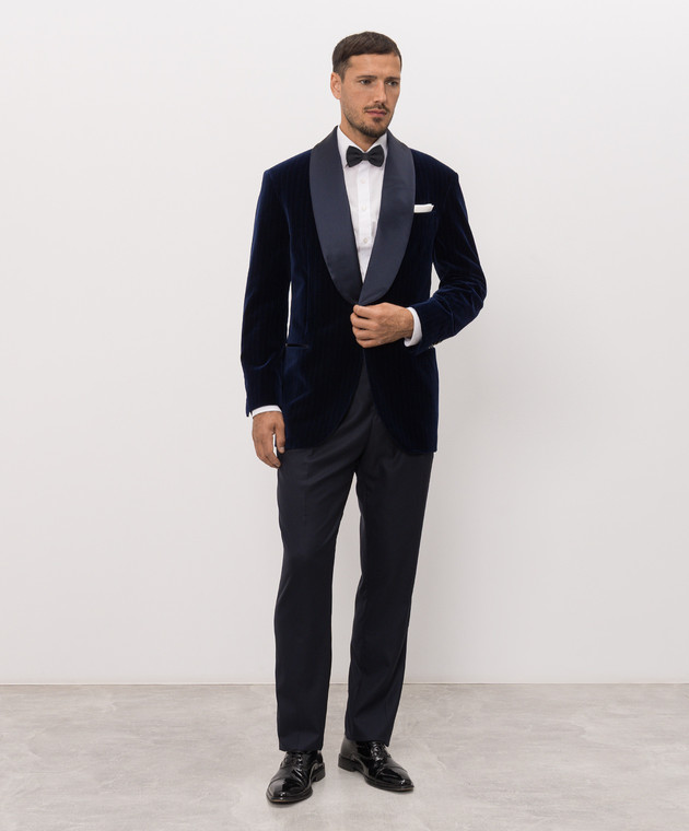 Brunello Cucinelli Синий бархатный пиджак-смокинг в полоску MV463GS26 изображение 2