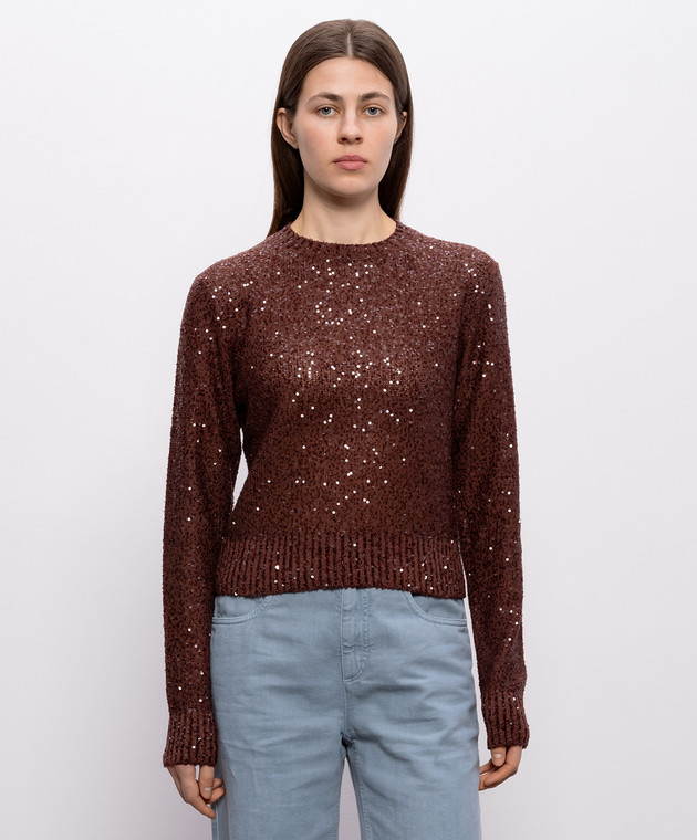 Brunello Cucinelli Коричневий джемпер з льону, кашеміру та шовку в паєтки MDJ547000 зображення 3