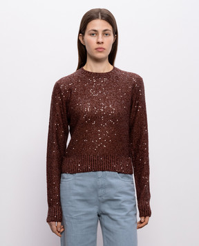 Brunello Cucinelli Коричневий джемпер з льону, кашеміру та шовку в паєтки MDJ547000