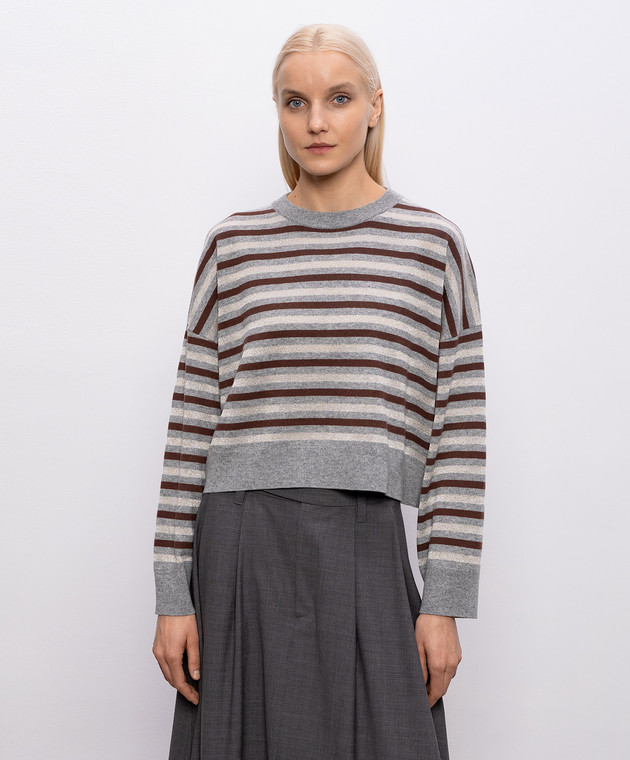 Brunello Cucinelli Серый свитер из шерсти, кашемира и шелка в полоску M16221900P изображение 3