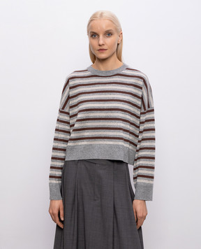 Brunello Cucinelli Серый свитер из шерсти, кашемира и шелка в полоску M16221900P