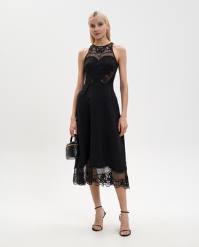 Twinset Чорна сукня міді з льоном з ажурними вставками 261TT2241