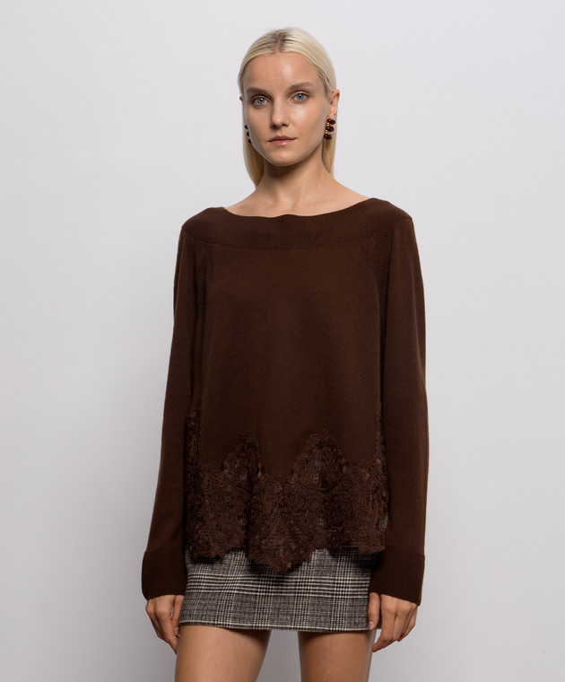 Ermanno Scervino Коричневый джемпер из кашемира с кружевом D495M312APTPYU изображение 3