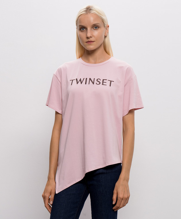 Twinset Рожева футболка з вишивкою логотипа 262LI2HLL зображення 3