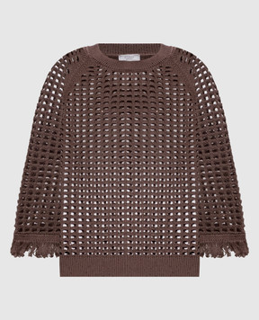 Peserico Коричневый ажурный джемпер с пайетками и бахромой A99047F0709110
