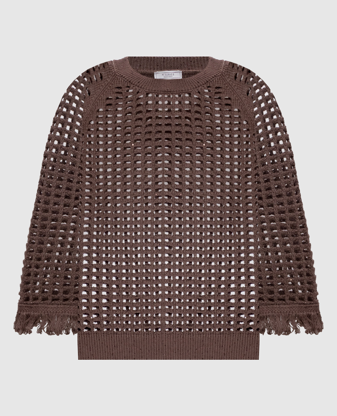 Коричневый ажурный джемпер с пайетками и бахромой