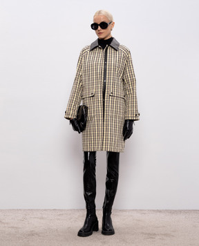 Yves Salomon Army Бежевая куртка в клетку с кожаным воротником 26EFM02797L10W