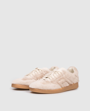 Santoni Бежевые кожаные кроссовки с мехом WBPL61283FARGLCY