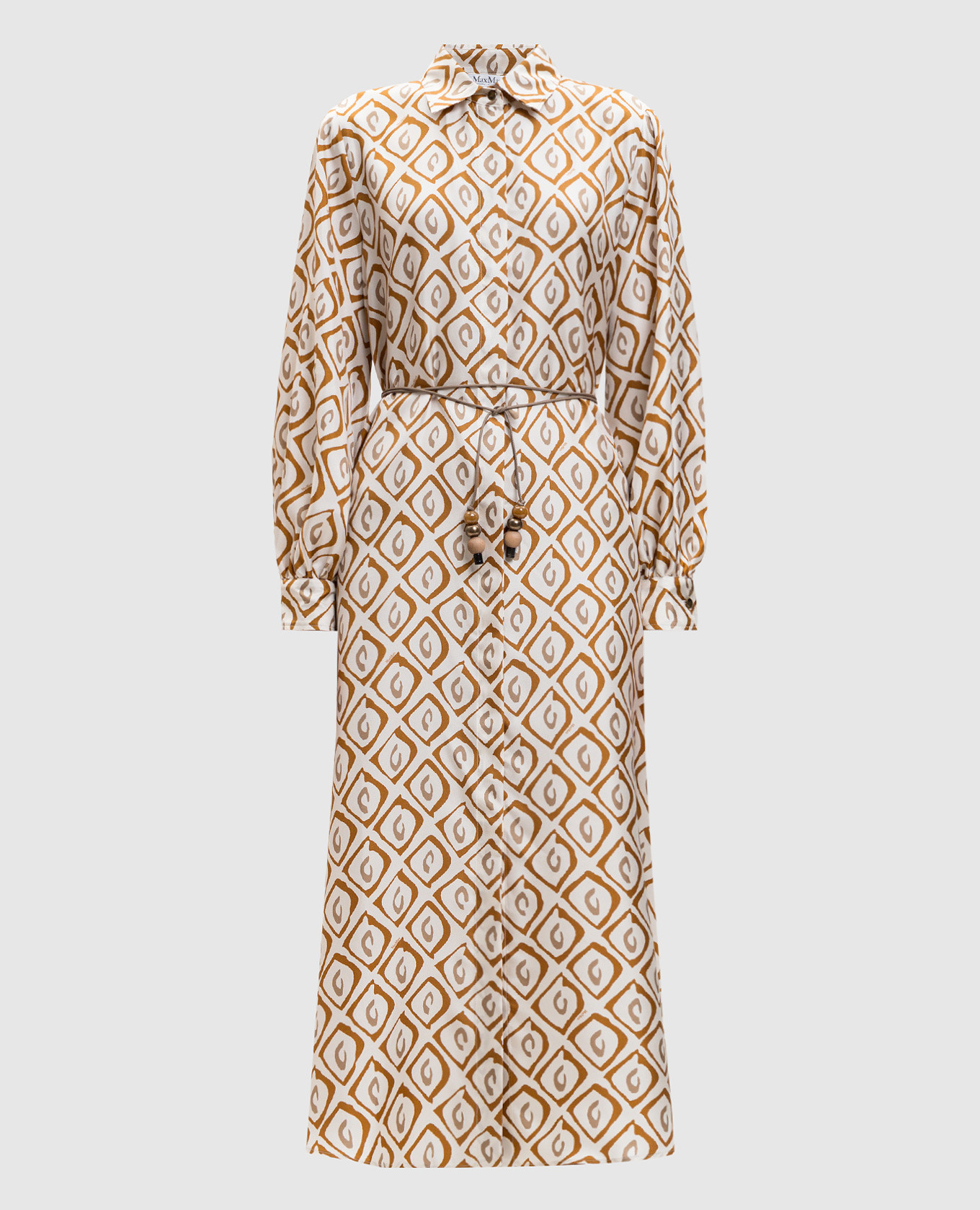 Белое платье-рубашка из шелка в принт с поясом