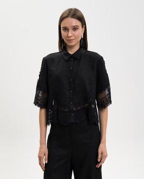Twinset Чорна блуза з льону з мереживом 261TT2181