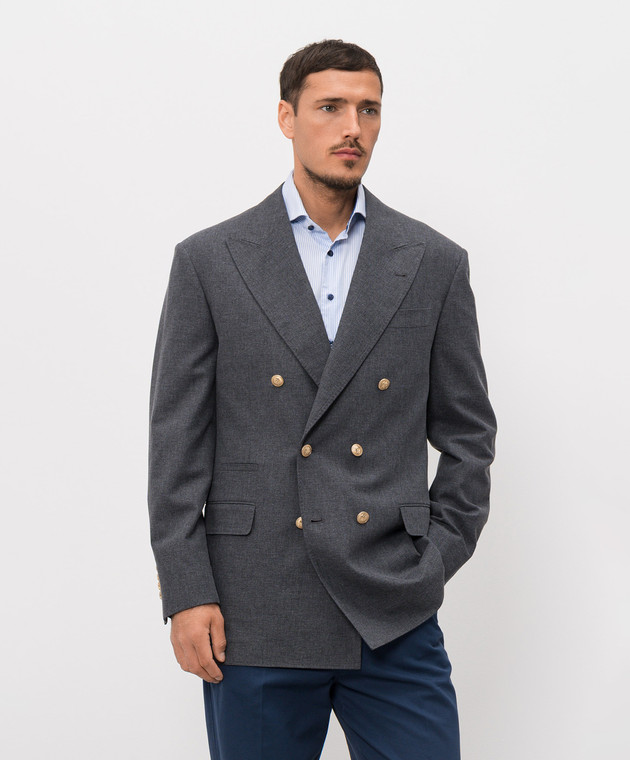 Brunello Cucinelli Серый двубортный пиджак с шерстью и льном MP4998BPCG изображение 3