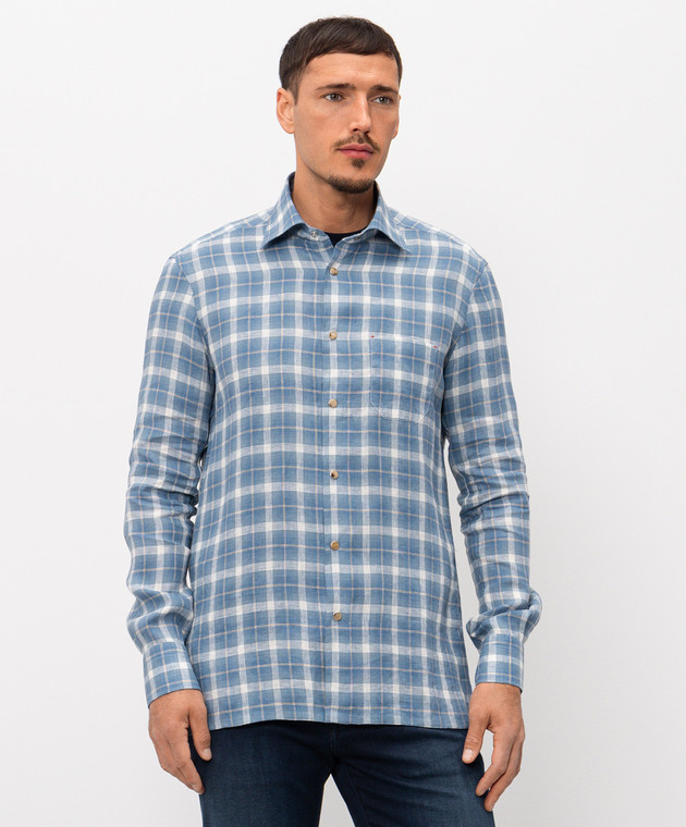 Kiton Голубая рубашка из льна в клетку UMCNERHH09617 изображение 3