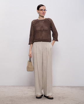 Peserico Коричневый ажурный джемпер с пайетками и бахромой A99047F0709110