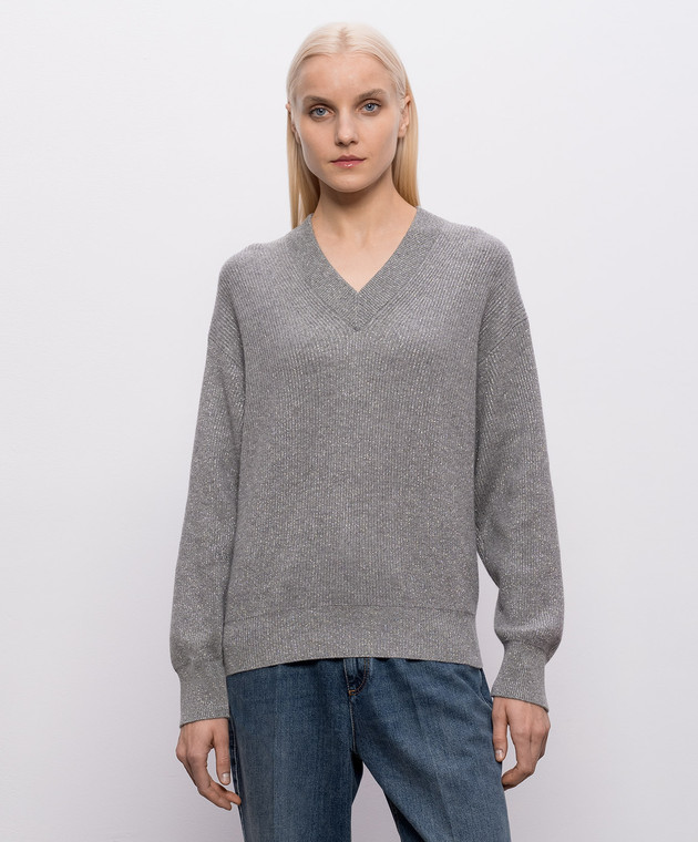 Brunello Cucinelli Сірий пуловер з кашеміром з люрексом M1E224722P зображення 3