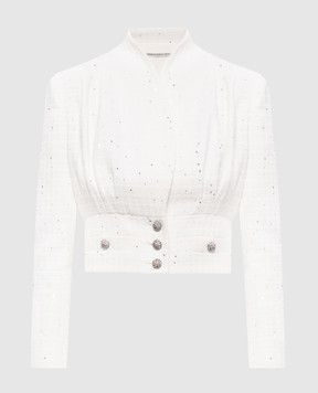 Alessandra Rich Белый твидовый укороченный жакет с пайетками FABX4326F4702