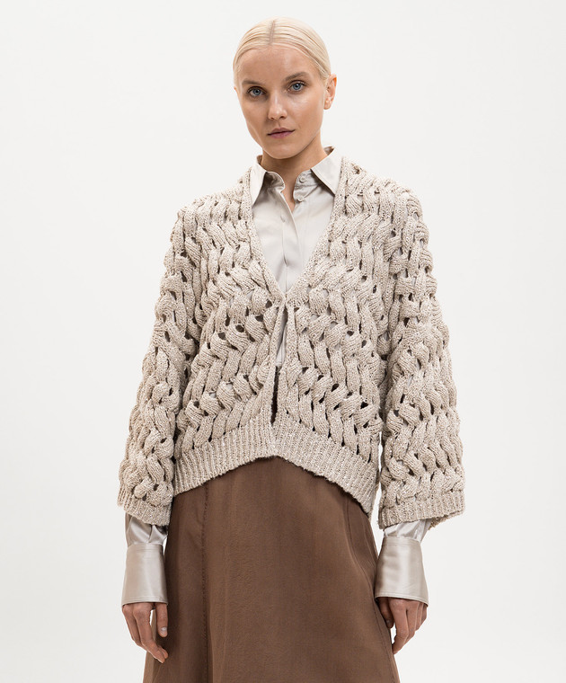 Brunello Cucinelli Сірий кардиган із шовком та льоном з паєтками MEA347506P зображення 3