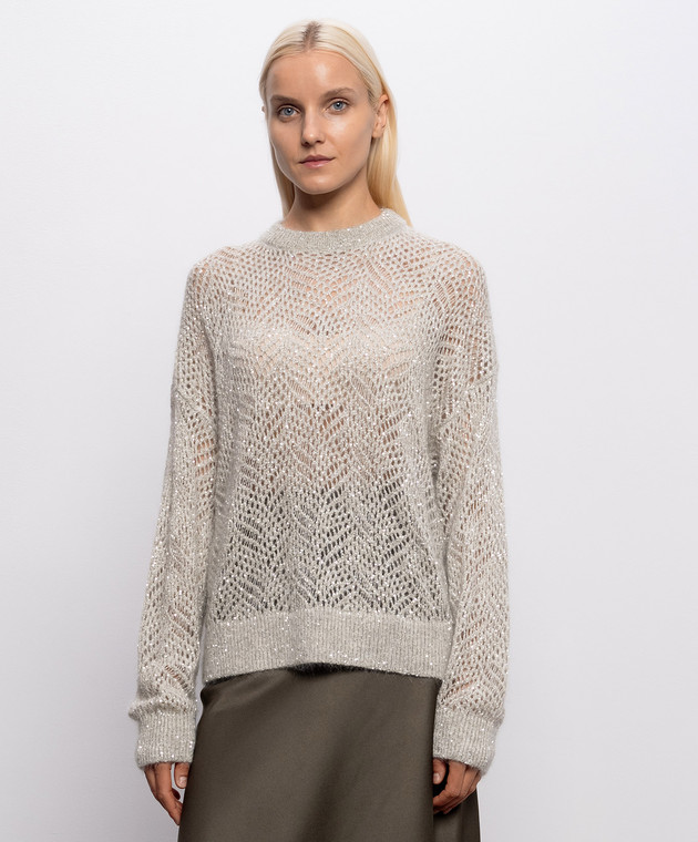 Brunello Cucinelli Серый ажурный свитер с шерстью с пайетками MRG562500 изображение 3