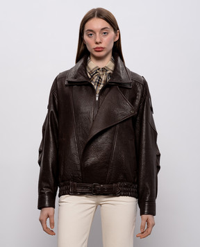 Saint Laurent Коричнева шкіряна куртка з подвійним коміром 798780YCNF2