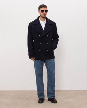 Balmain Голубое двубортное пальто из шерсти HH1UA156WC70