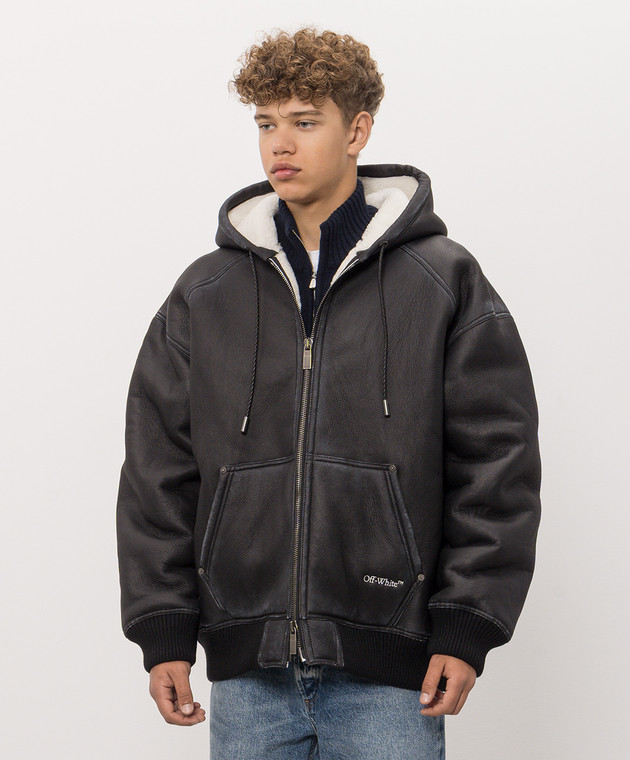 Off-White Черная дубленка с капюшоном 44MJL007F26L001 изображение 3