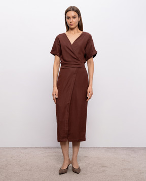 Brunello Cucinelli Коричневое платье на запах со льном MH126AHG41