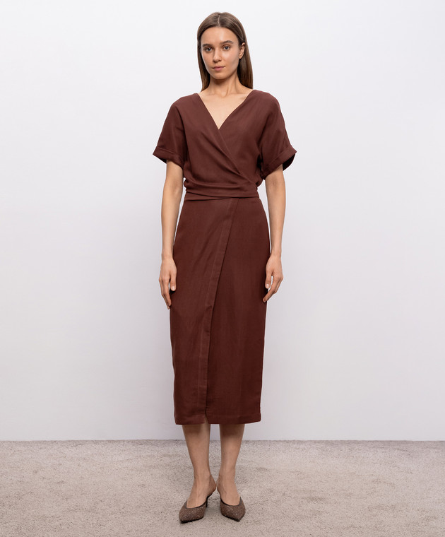 Brunello Cucinelli Коричнева сукня на запах з льоном MH126AHG41 зображення 3