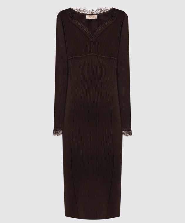 Twinset Коричневое платье в рубчик с кружевом 262TP3392