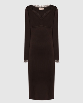 Twinset Коричневое платье в рубчик с кружевом 262TP3392