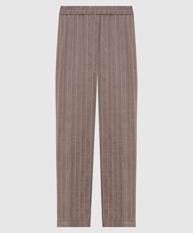 Бежевые брюки с леном в полоску