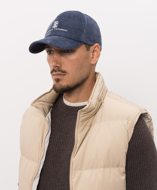 Brunello Cucinelli Синя вельветова кепка з вишивкою логотипа MY4999850 зображення 2