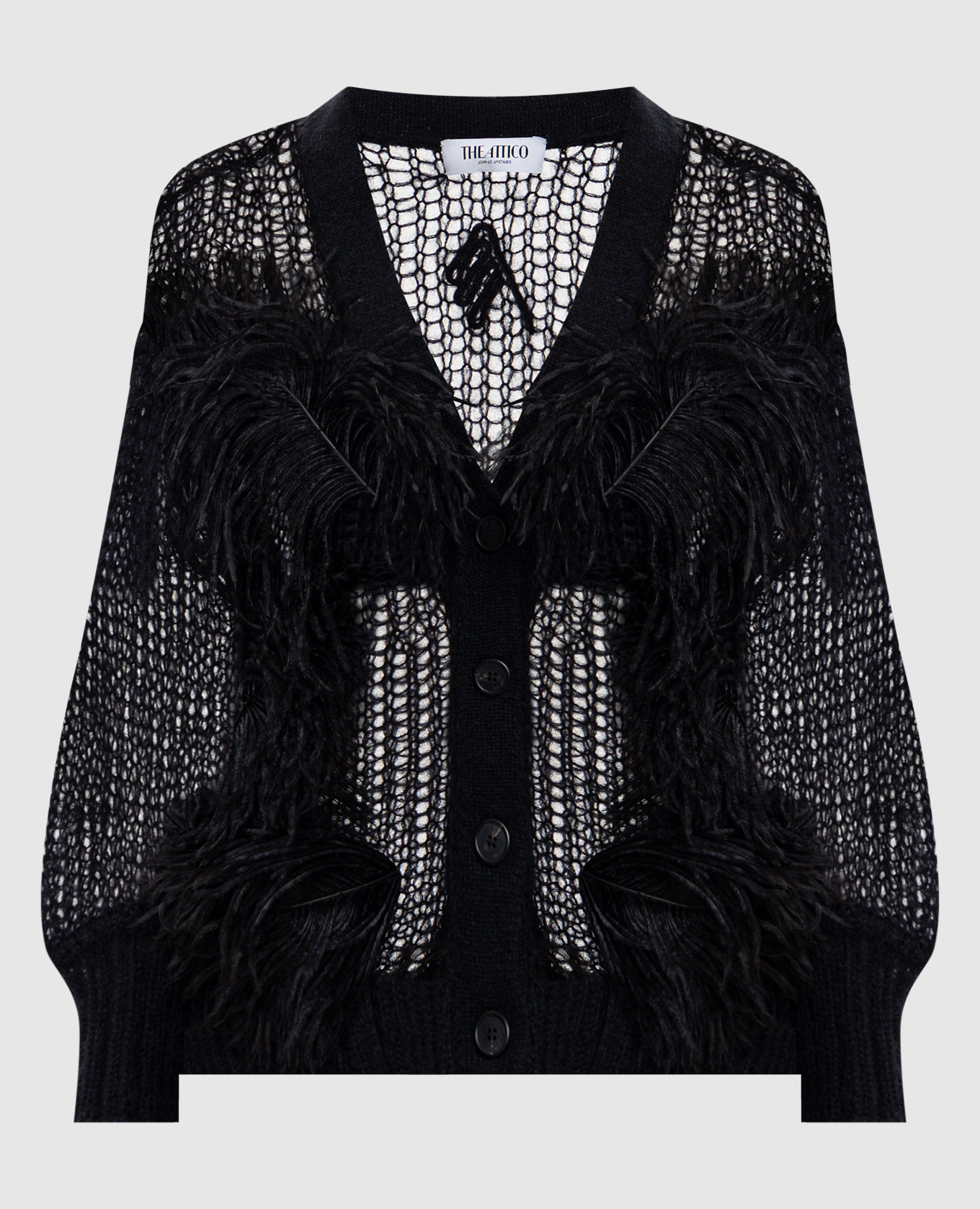 Чорний ажурний кардиган з вовною та пір'ям страуса