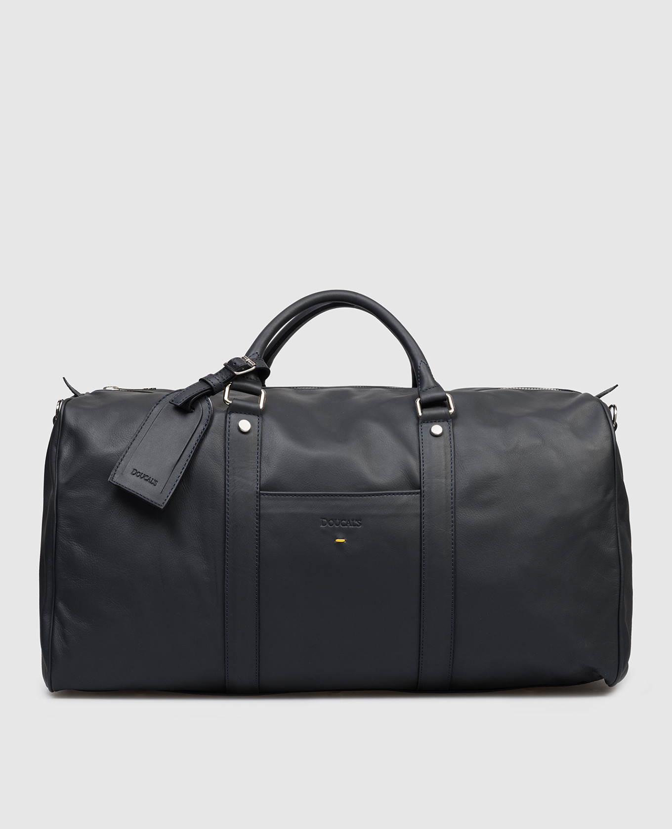 Синяя кожаная дорожная сумка с тиснением логотипа