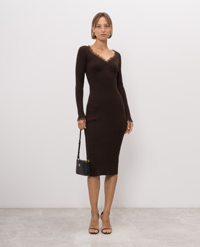 Twinset Коричневое платье в рубчик с кружевом 262TP3392