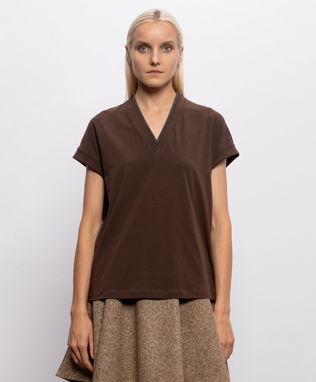 Brunello Cucinelli Коричневая футболка с цепочкой мониль M0T18BD222 изображение 3