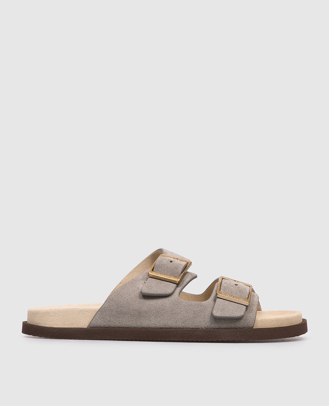 Серые замшевые шлепанцы с гравировкой логотипа