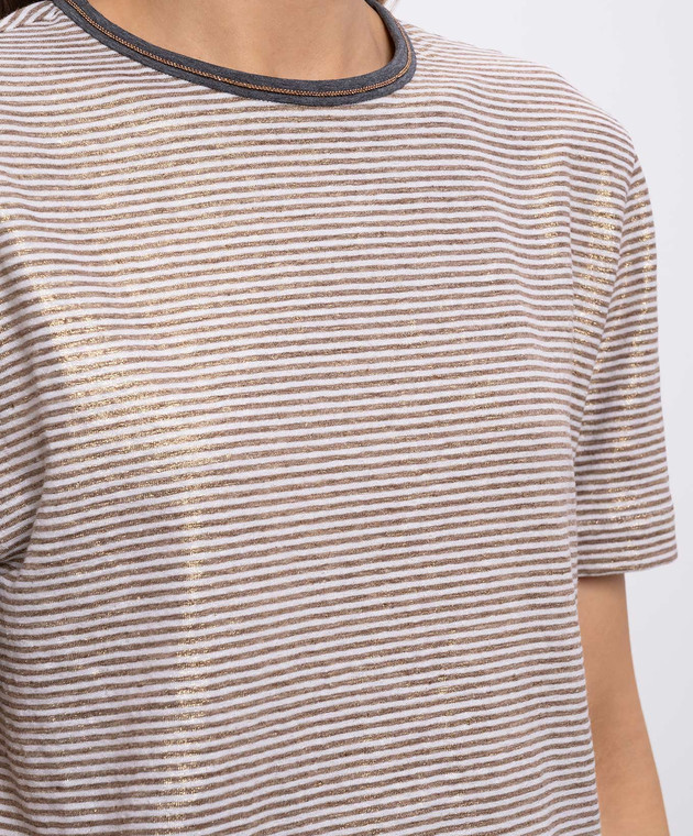 Brunello Cucinelli Бежевая футболка из льна в полоску MQ977DU500 изображение 5